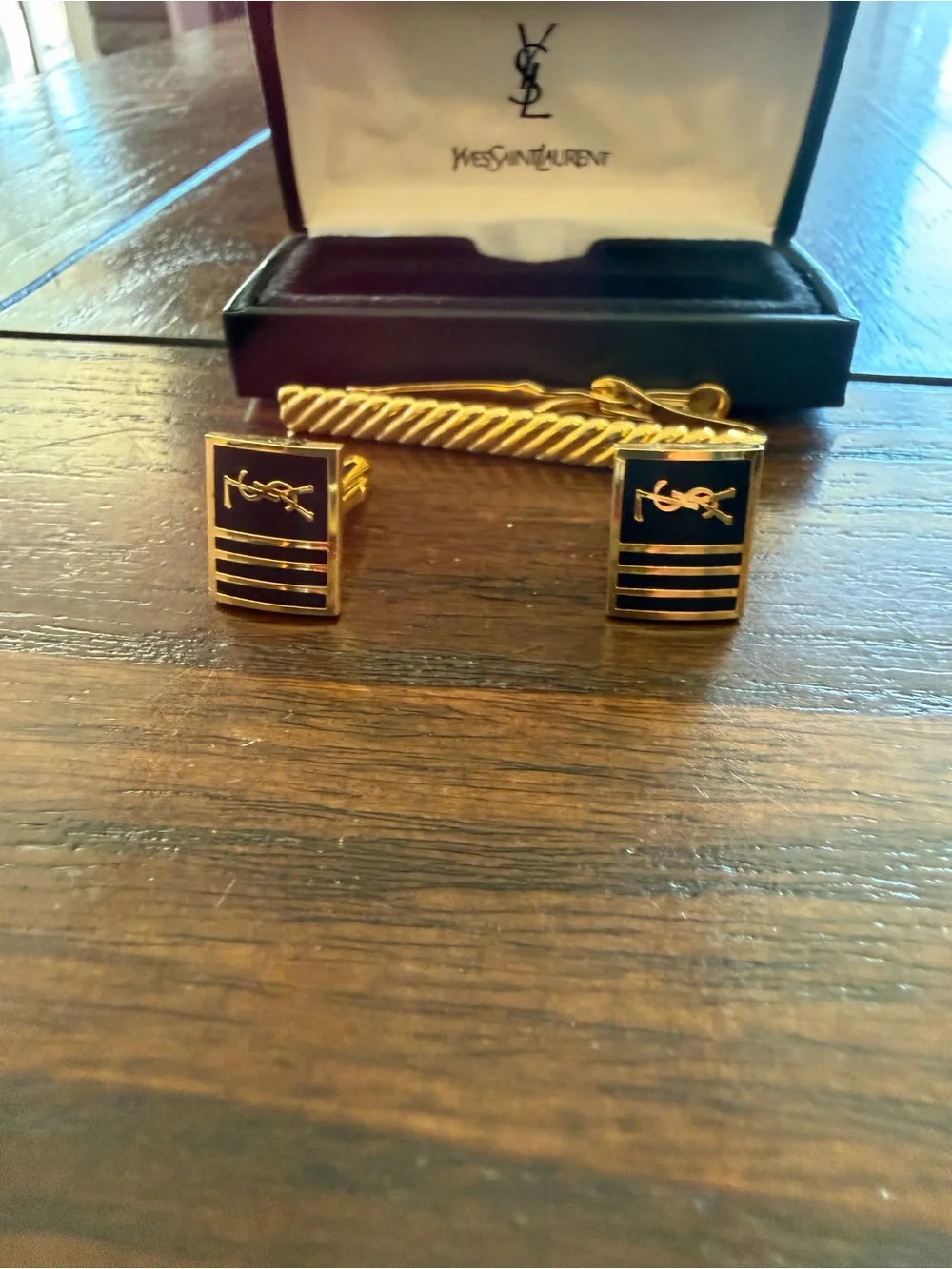 Yves Saint Laurent Gold and Black Cufflinks with Gold Tie Bar